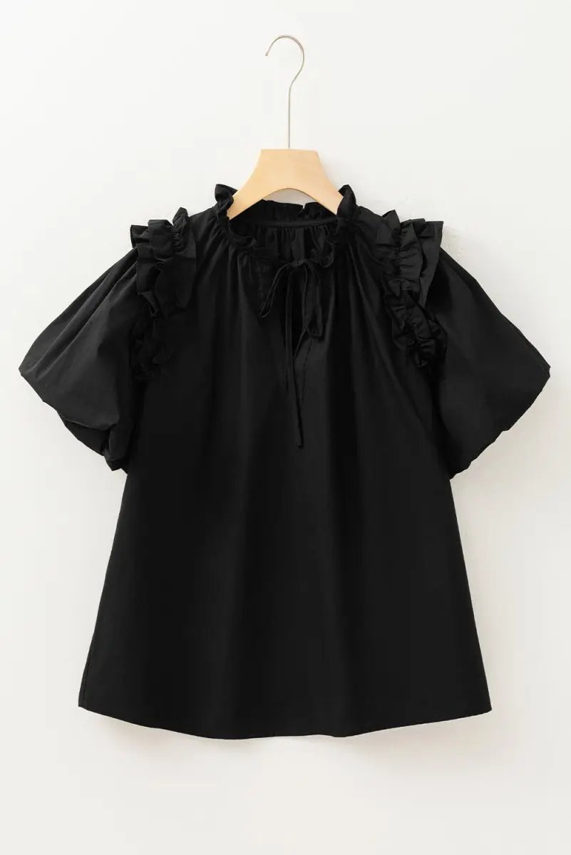 Black Ruffled Puff Short Sleeve Loose Blouse for Women - Love Salve